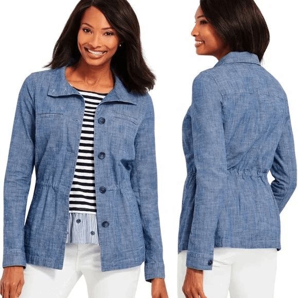 Talbots Twill Jacket Chambray Chore Coat Women's SP Petite Blue Denim Button Up - Picture 1 of 11